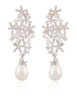 fascinating silver flower pearl drop earrings